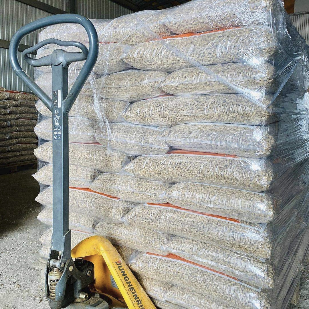 Pallet of bagged wood pellets in our warehouse